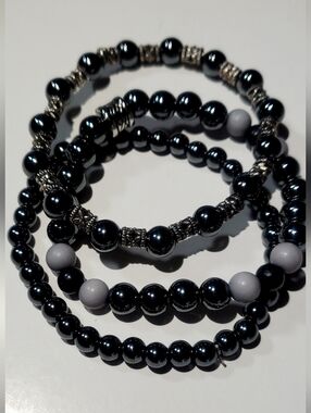 Stacked Hematite and Grey Bead Bracelet Set